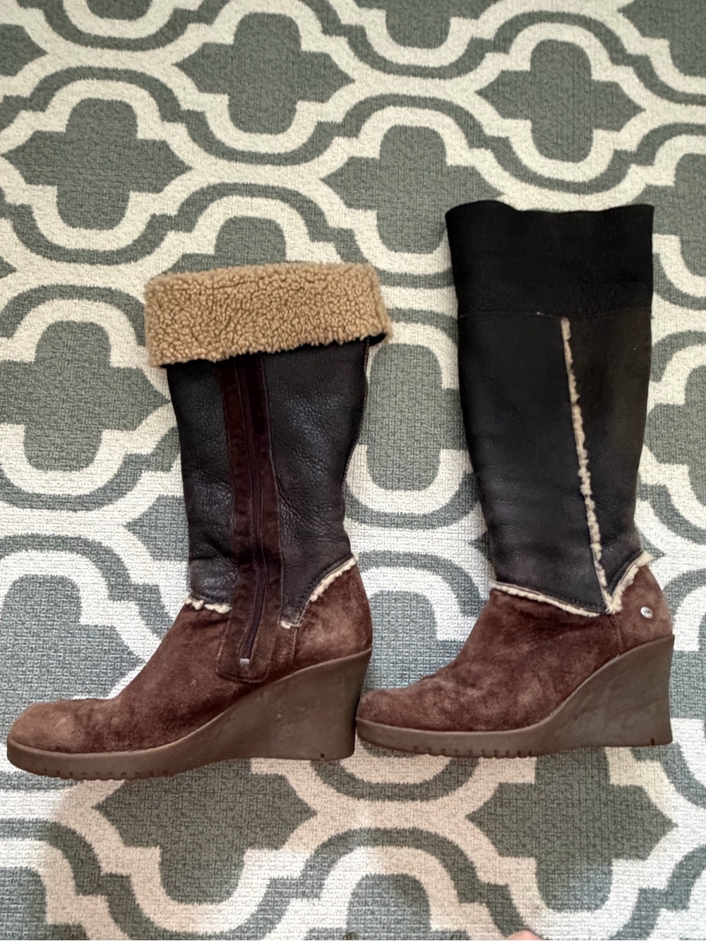 UGG Australia Sandra brown suede leather foldover wedge heel sheepskin boots